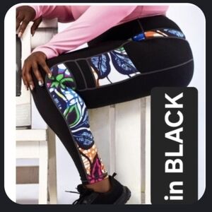 NEW / NWT Hibiscus BodySharp legging ROLFRIQS Black and Floral Althletic